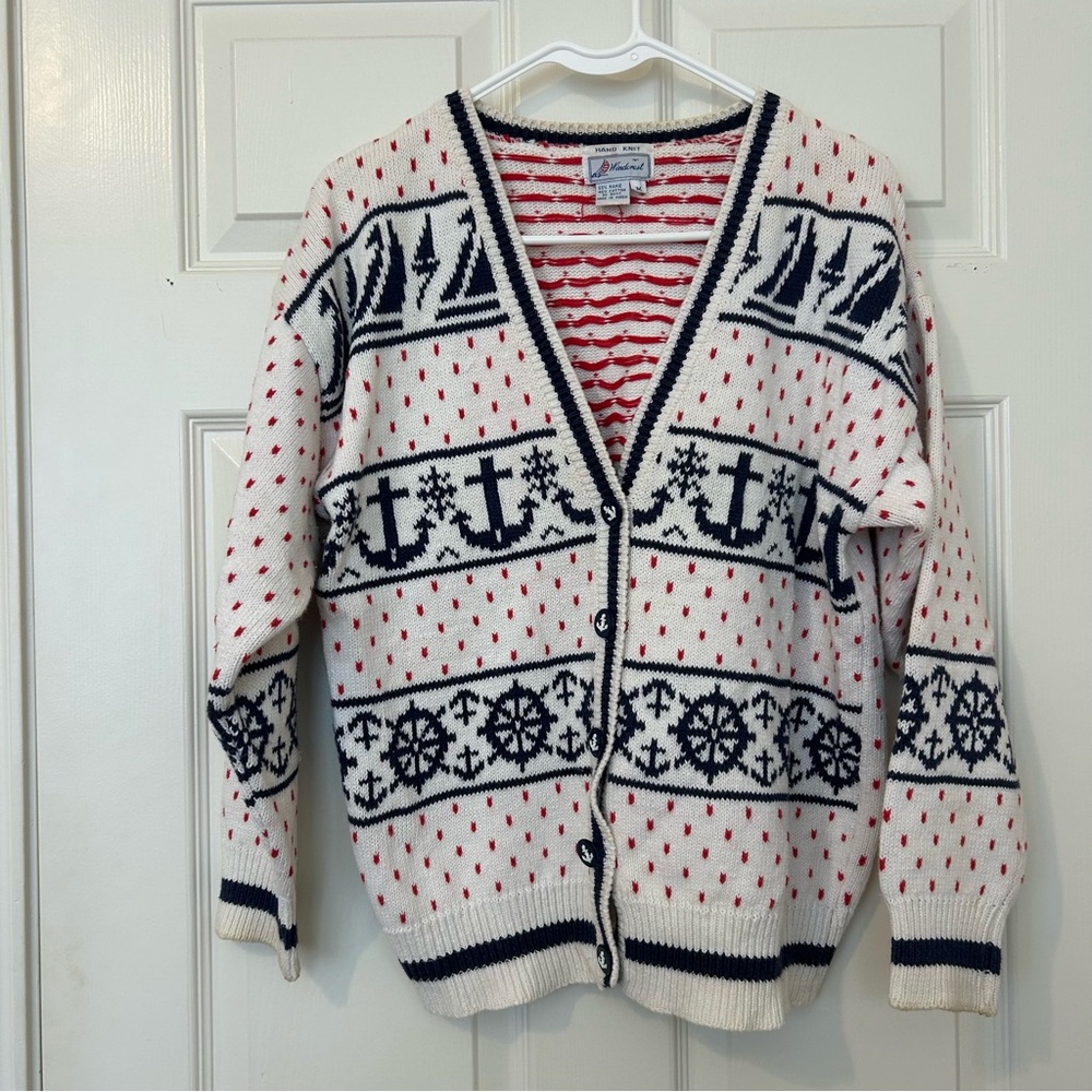 Red white & blue nautical cotton blend hand knit cardigan w/ anchor buttons KJP